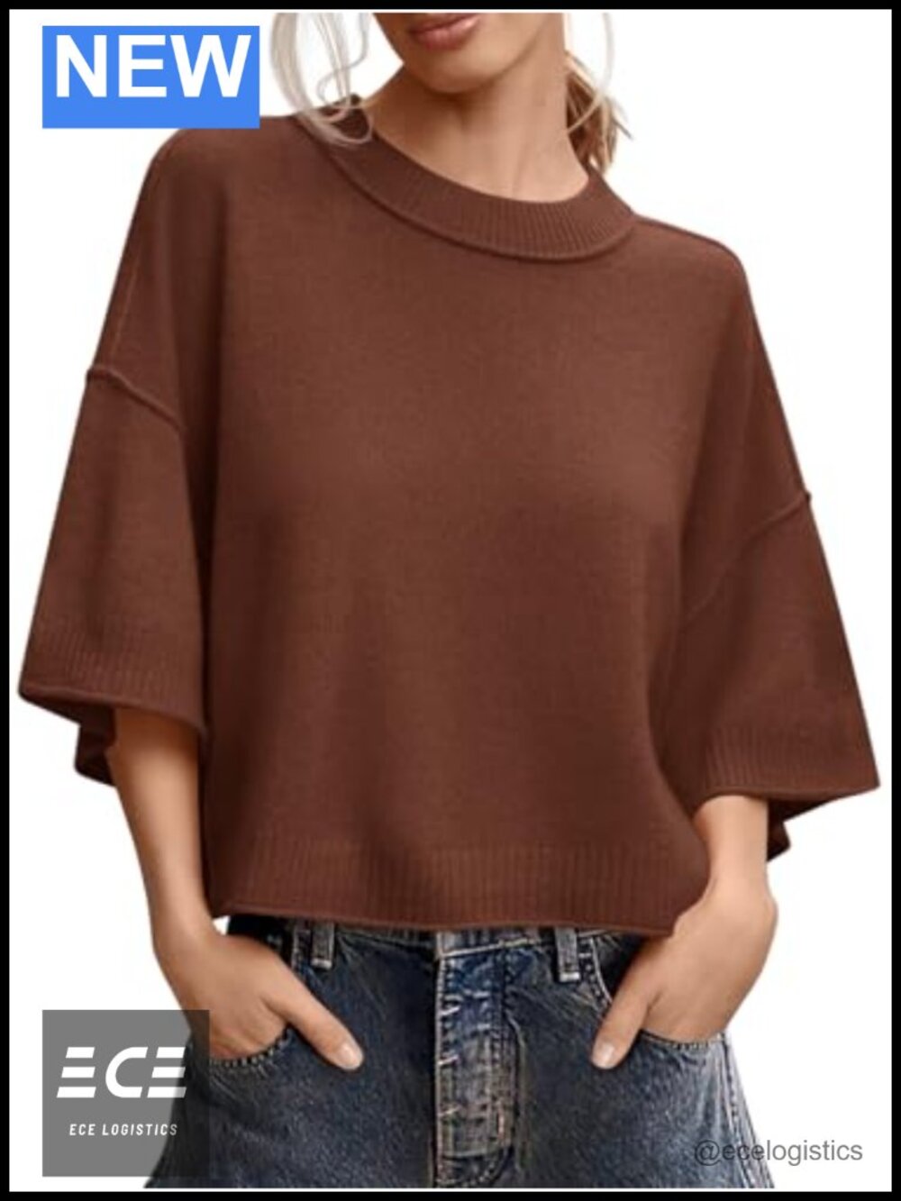 Women Short Sleeve Knit Sweater Oversized Cropped Pullover Top